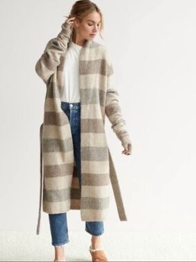 Jenni Kayne Cream, Taupe & Gray Striped Long Open Cardigan